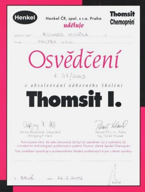 Osvědčení - pokládka PVC